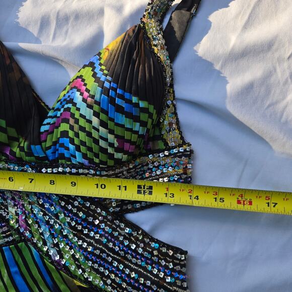 Cache Vtg 90s Y2K Fairy Silk Seqins Evening Gown 8 Multicolor Print Maxi Dress - Picture 11 of 12